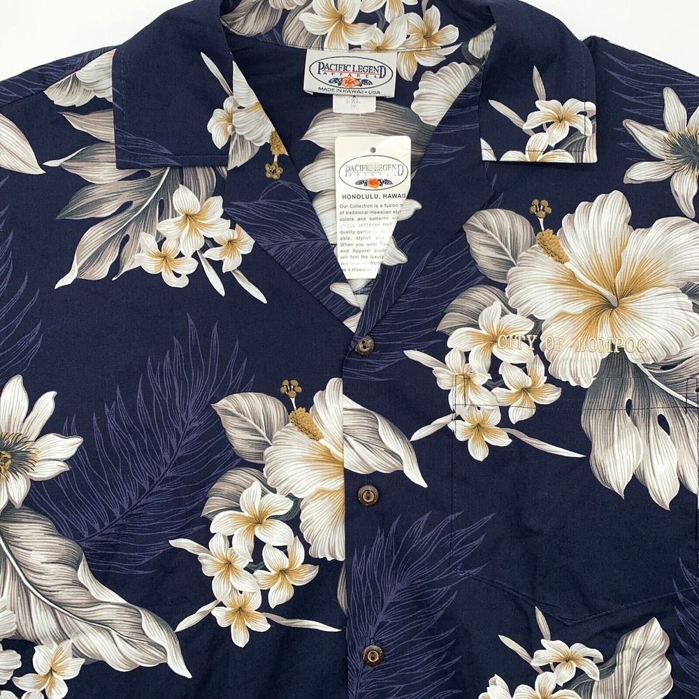 Pacific Legend Hawaiian Shirt Mens M Blue Floral Hibiscus City of Lompoc NWT
